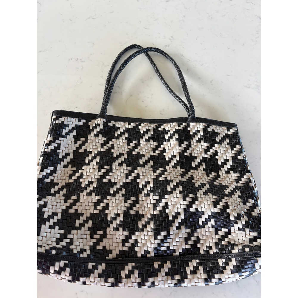 Bembien Houndstooth Woven Leather Tote Bag Black Cream Braided Strap Large